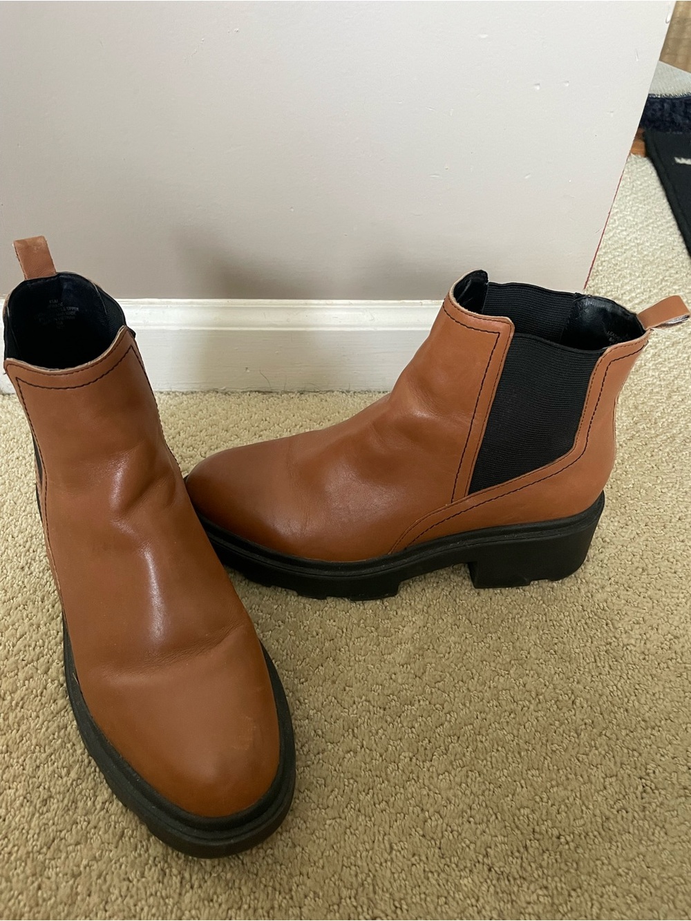 Marc Fisher Tan Leather Chelsea Booties with Black Elastic Panels